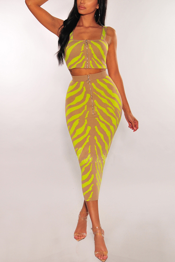 

Lovely Chic Print Khaki Two-piece Skirt Set