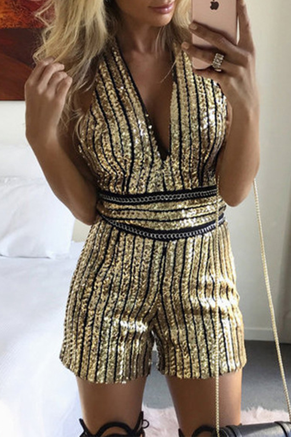 

Lovely Casual Backless Gold One-piece Romper