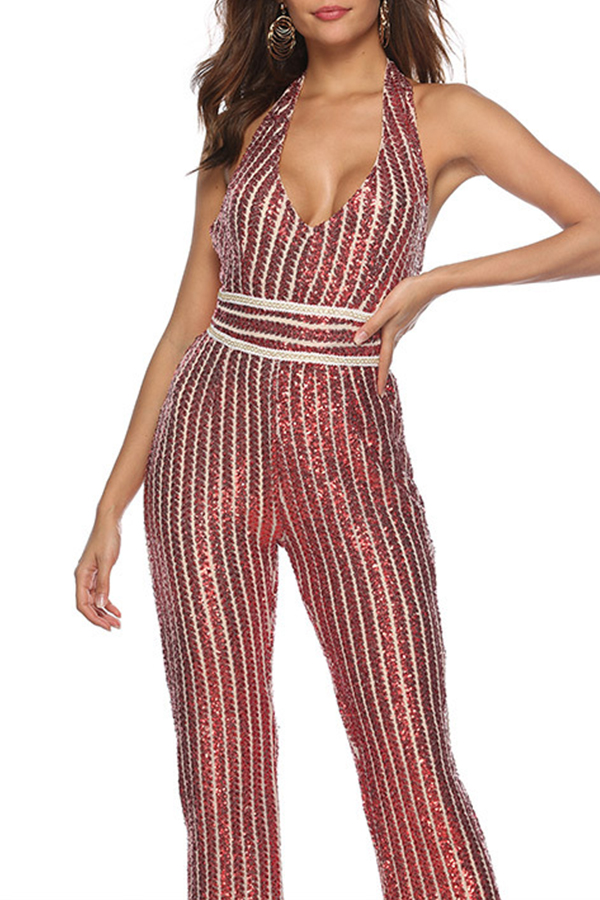 

Lovely Chic V Neck Striped Red One-piece Jumpsuit