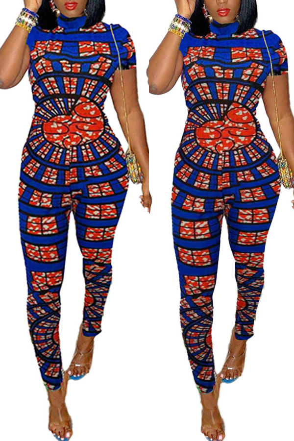 

Lovely Casual Print Skinny Blue One-piece Jumpsuit