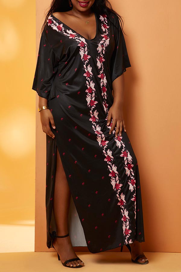 

Lovely Casual Print Black Maxi Plus Size Dress