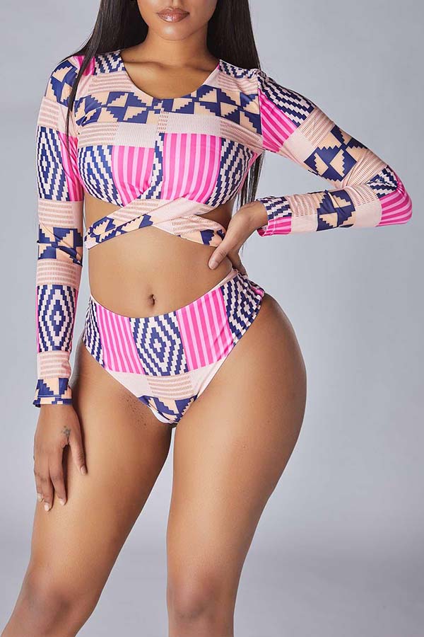 Lovely Geometric Print Pink Two-piece Swimwear