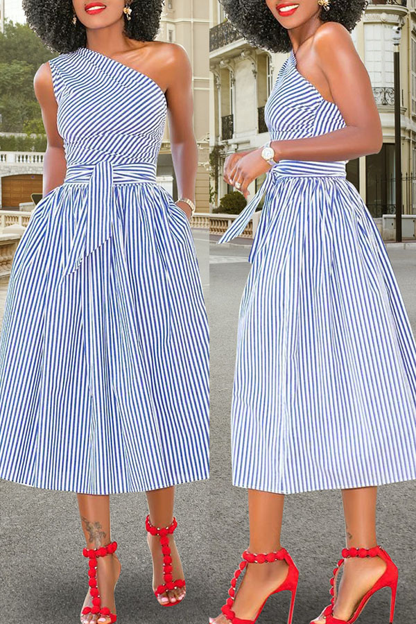 

Lovely Casual Striped Blue Mid Calf Dress, Blue stripe