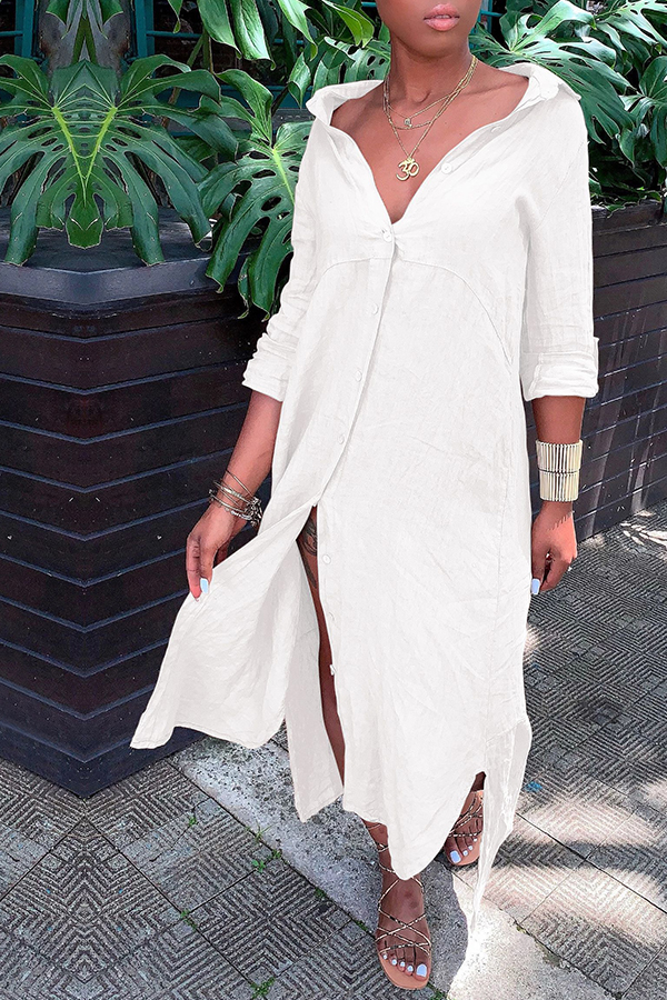 

Lovely Casual Button White Ankle Length Dress
