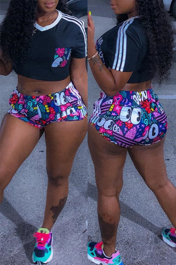 

Lovely Casual Print Dark Blue Two-piece Shorts Set