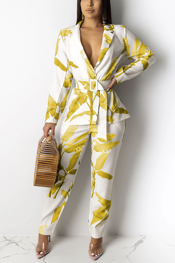 

Lovely Work Turn-back Collar Print Blackish Yellow Two-piece Pants Set