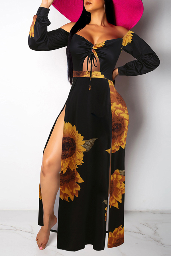 

Lovely Bohemian Floral Print Black Maxi Dress
