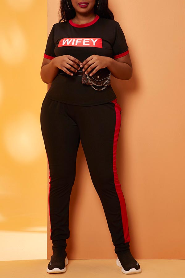 

Lovely Casual Print Black Plus Size Two-piece Pants Set
