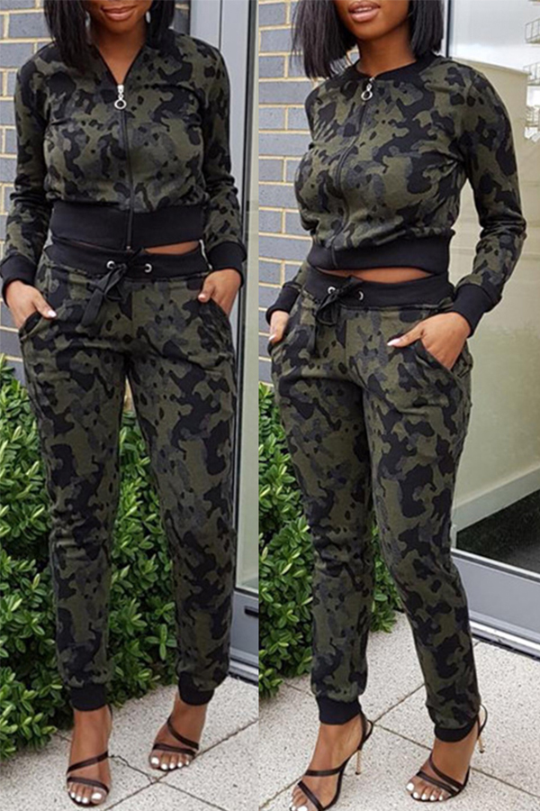 

Lovely Casual Print Army Green Two-piece Pants Set