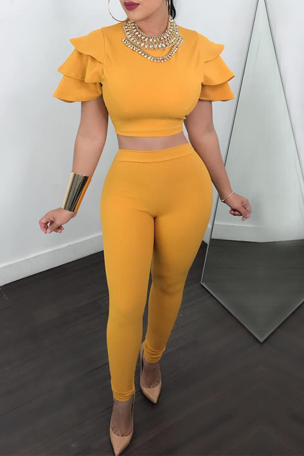 

Lovely Casual Flounce Yellow Two-piece Pants Set