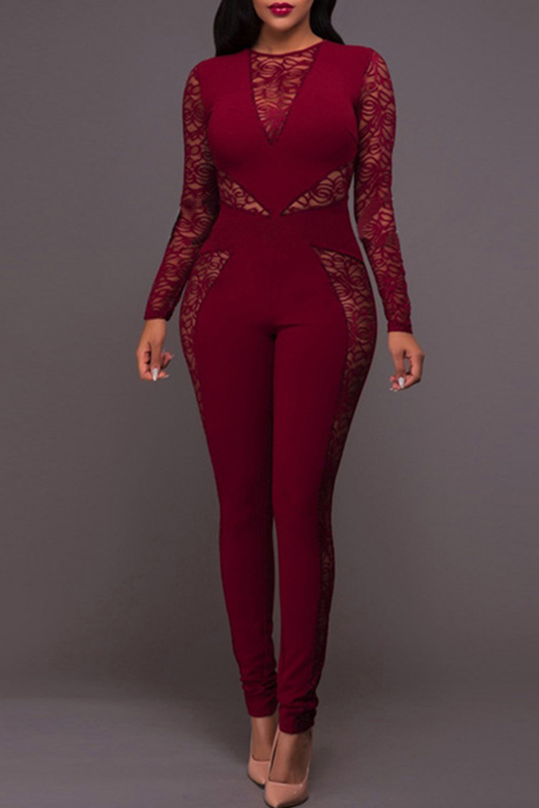 

Lovely Casual Lace Patchwork Red + One-piece Jumpsuit