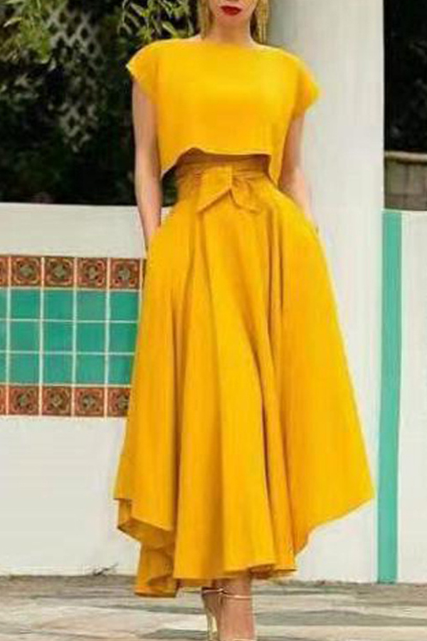 

Lovely Casual Lace-up Yellow Two-piece Skirt Set