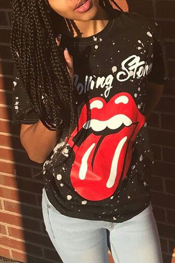 

Lovely Casual O Neck Lip Print Black T-shirt