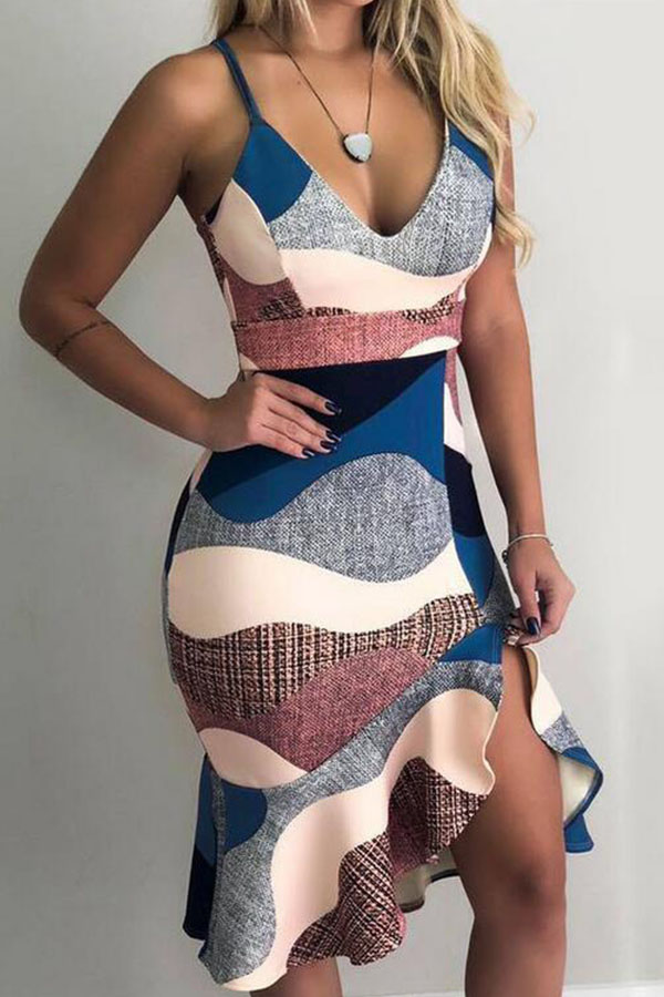 

Lovely Sweet V Neck Flounce Multicolor Knee Length Dress, Multi