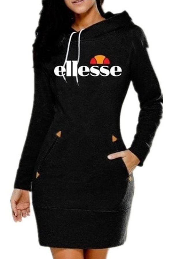 

Lovely Casual Hooded Collar Letter Print Black Mini Dress