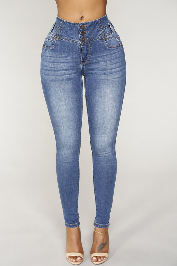

Lovely Casual Button Skinny Blue Jeans