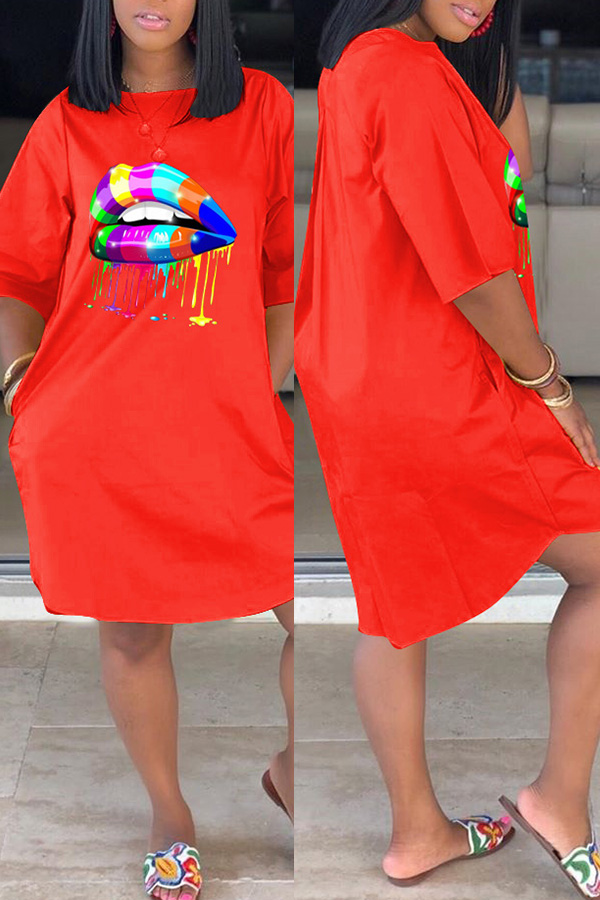 

Lovely Casual Lip Print Jacinth Knee Length Dress