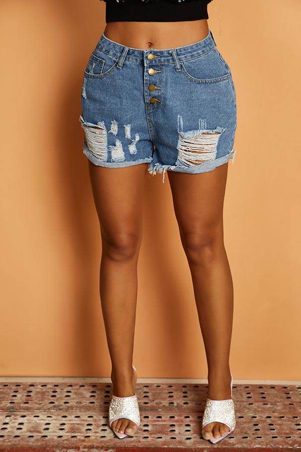 

Lovely Casual Hollow-out Blue Shorts