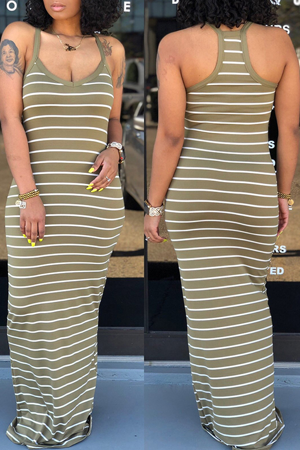 

Lovely Casual Striped Army Green Maxi Dress