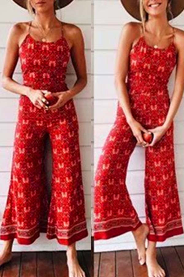 

Lovely Bohemian Print Loose Red One-piece Jumpsuit
