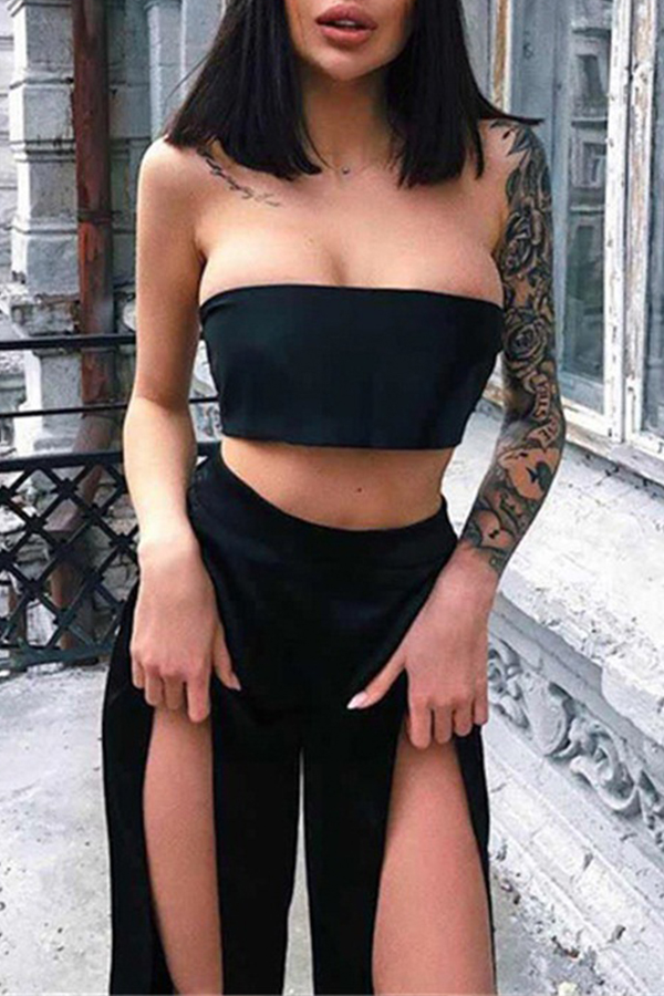 

Lovely Chic High Slit Black Two-piece Pants Set