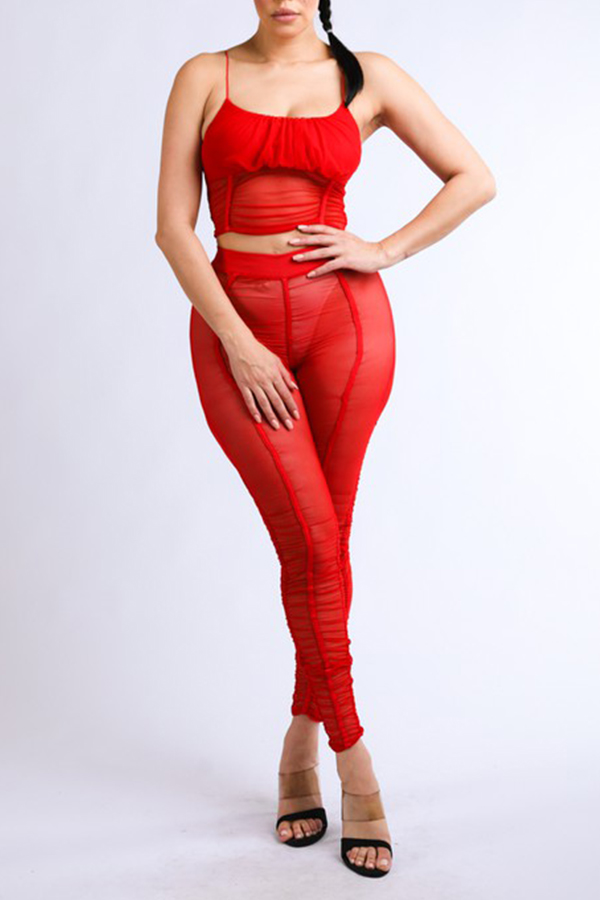 

Lovely Casual See-through Red Two-piece Pants Set