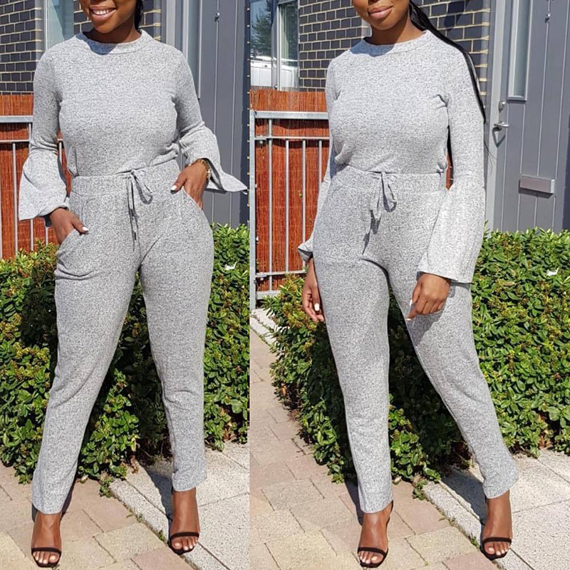 

Lovely Casual Flare Sleeve Grey Two-piece Pants Set