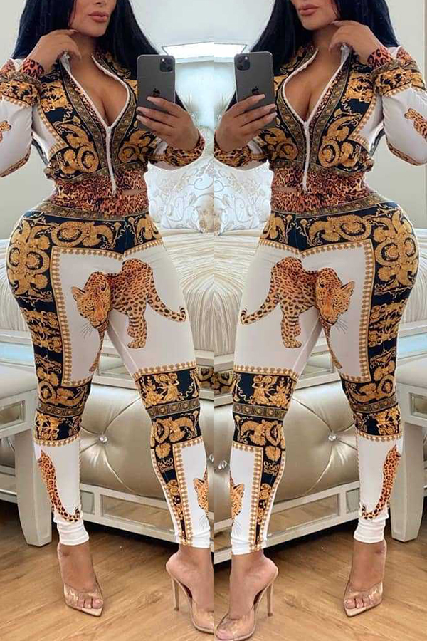 

Lovely Casual Print White Two-piece Pants Set