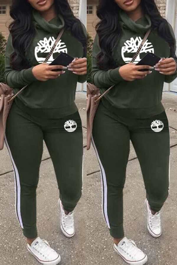 

Lovely Casual Mandarin Collar Print Army Green Two-piece Pants Set