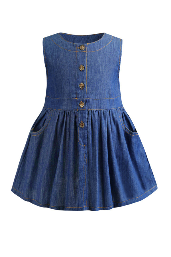 Lovely Trendy Buttons Design Deep Blue Girl Knee Length Dress