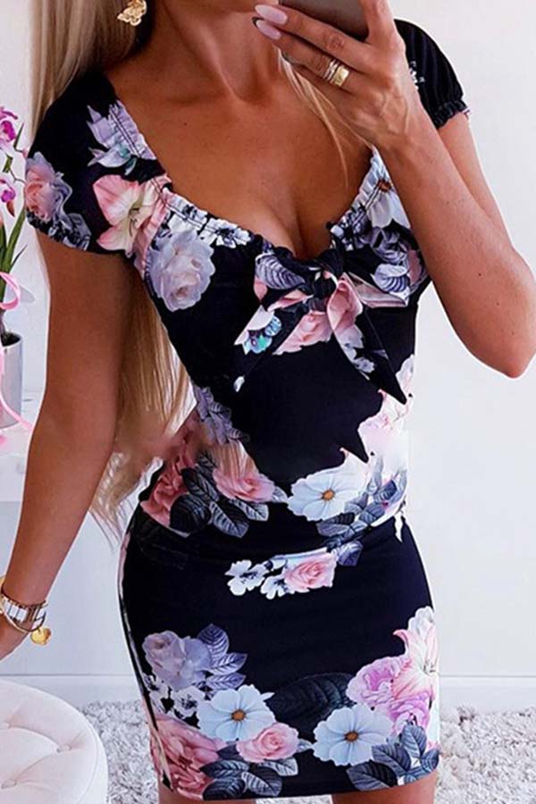 

Lovely Casual Floral Print Black Mini Dress