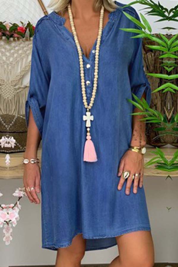 

Lovely Casual Buttons Design Blue Mini Dress