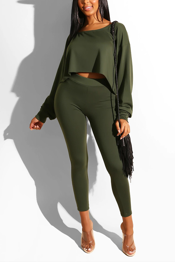 

Lovely Casual Asymmetrical Army Green Two-piece Pants Set