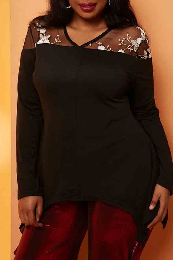 

Lovely Trendy Patchwork Black Plus Size Blouse