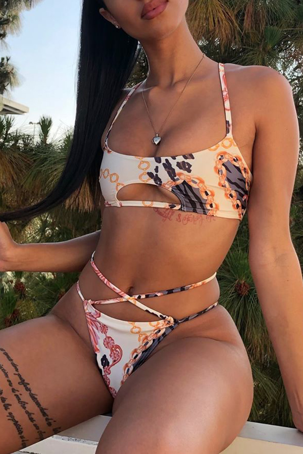 

Lovely Print Beige Bathing Suit Two-piece Swimsuit