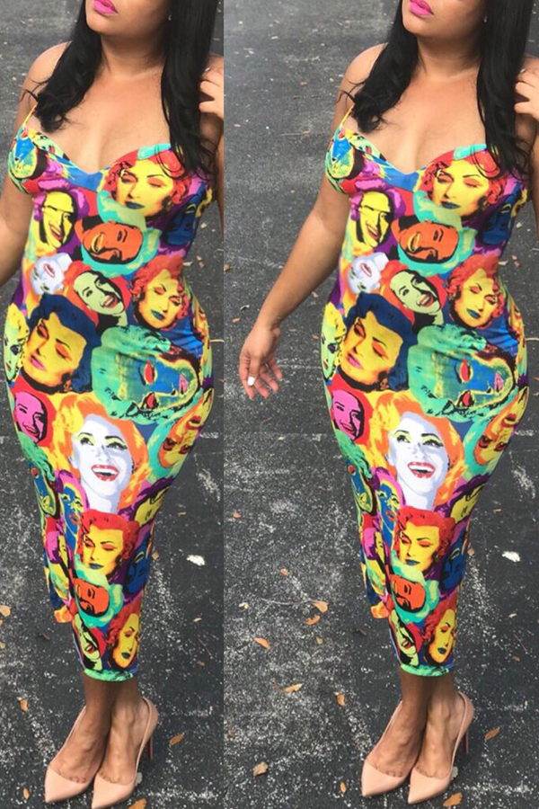 

Lovely Casual V Neck Print Multicolor Ankle Length Dress, Multi