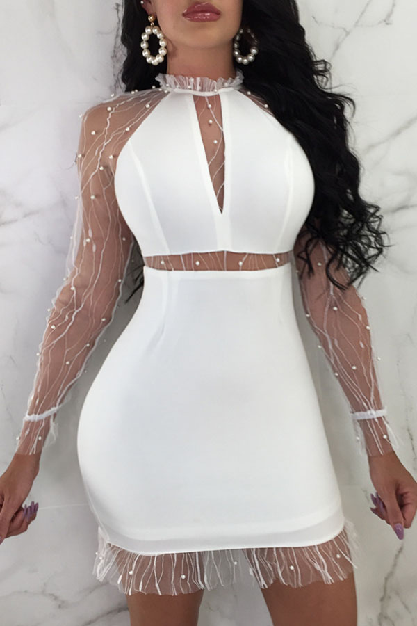 

Lovely Sweet O Neck See-through White Mini Dress