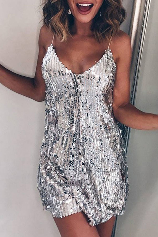 

Lovely Sexy V Neck Silver Mini Evening Dress