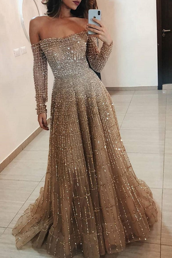 

Lovely Party Dew Shoulder Gold Maxi Prom Dress