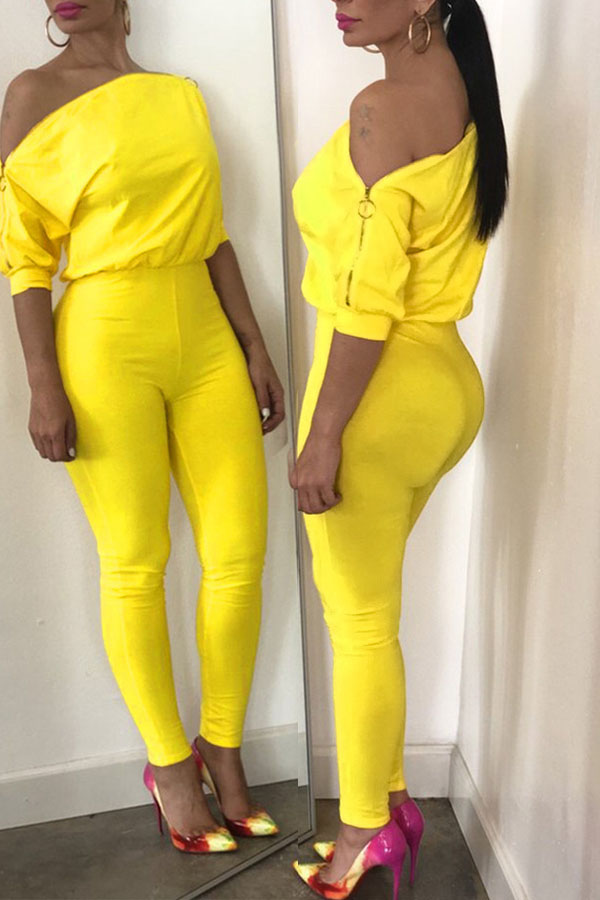 

Lovely Trendy Zipper Design Yellow One-piece Jumpsuit