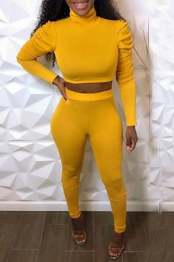 

Lovely Casual Basic Skinny Yellow Two-piece Pants Set