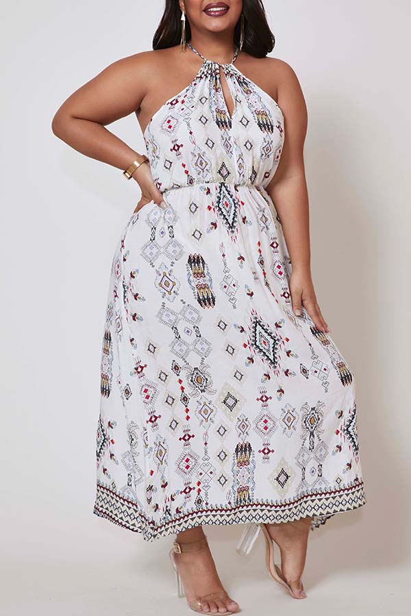 

Lovely Bohemian Print White Mid Calf Plus Size Dress