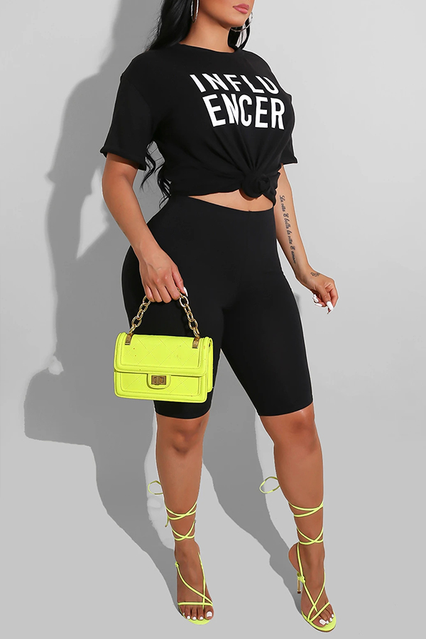 

Lovely Casual Letter Print Black Two-piece Shorts Set
