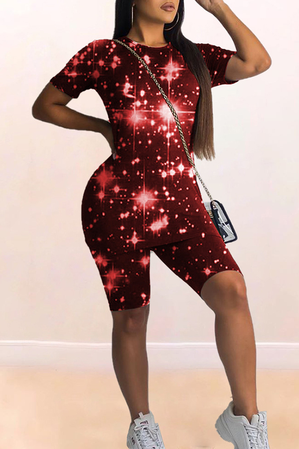 

Lovely Casual Starry Sky Print Red Two-piece Shorts Set