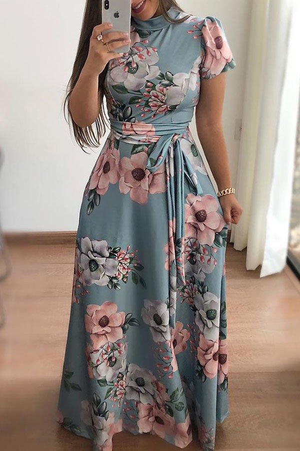 

Lovely Trendy Floral Print Blue Maxi Dress