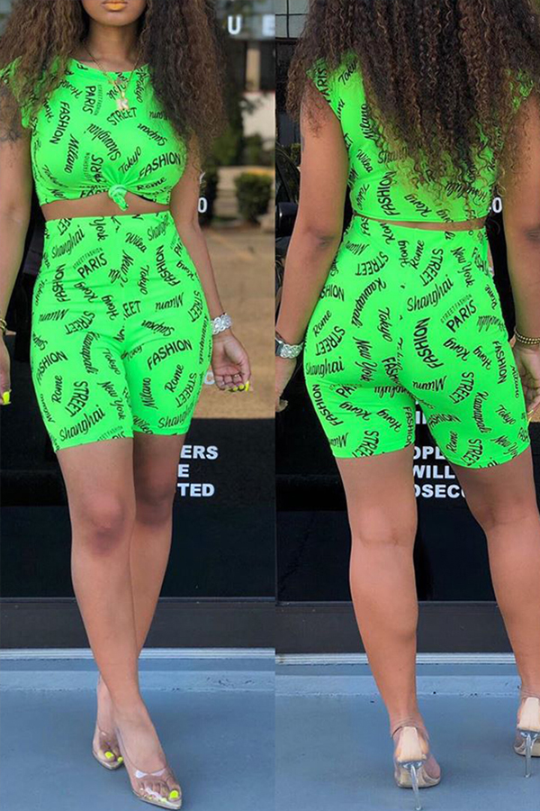 

Lovely Casual Letter Print Green Two-piece Shorts Set