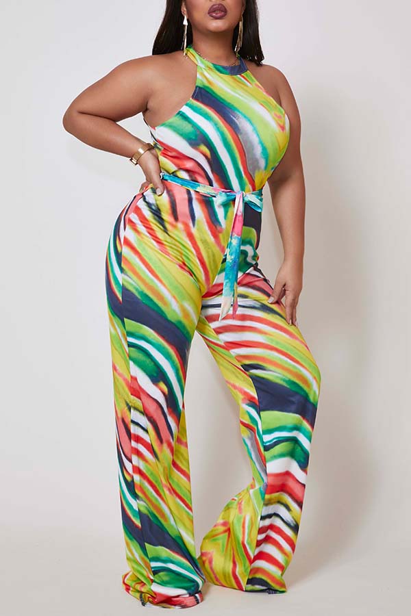 

Lovely Casual Print Green Plus Size One-piece Jumpsuit