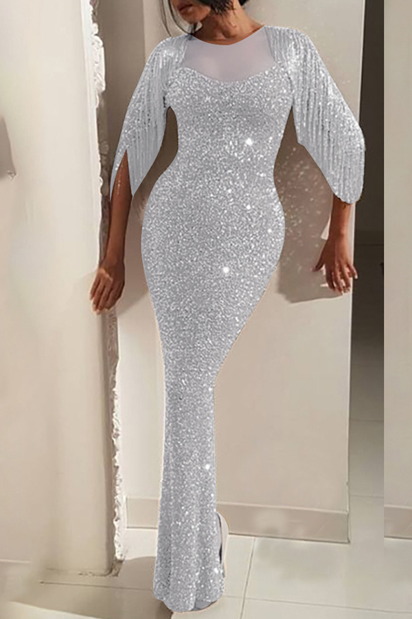 Lovely Stylish Tassel Design Silver Maxi Dress от Lovelywholesale WW