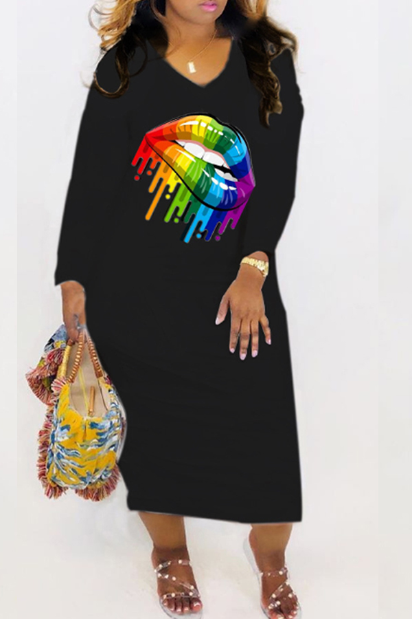 

Lovely Leisure Lip Print Black Mid Calf Dress
