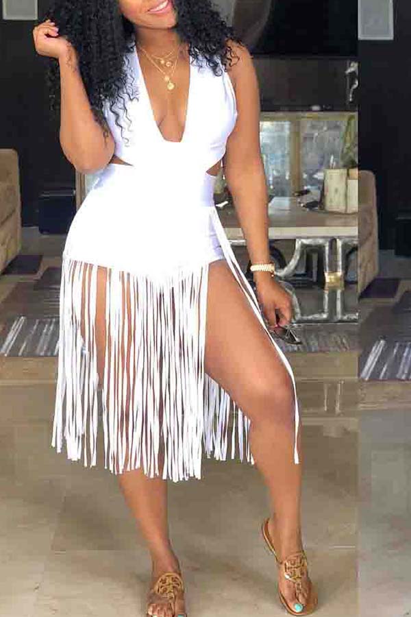 

LW Plus Size Backless Tassel Design One-piece Swimsuit, White